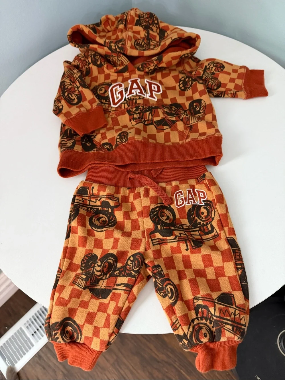 GAP Orange Checkerboard Hoodie & Joggers with Race Car Print